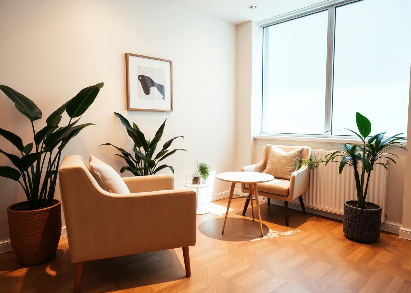 Sala de consulta cálida con plantas