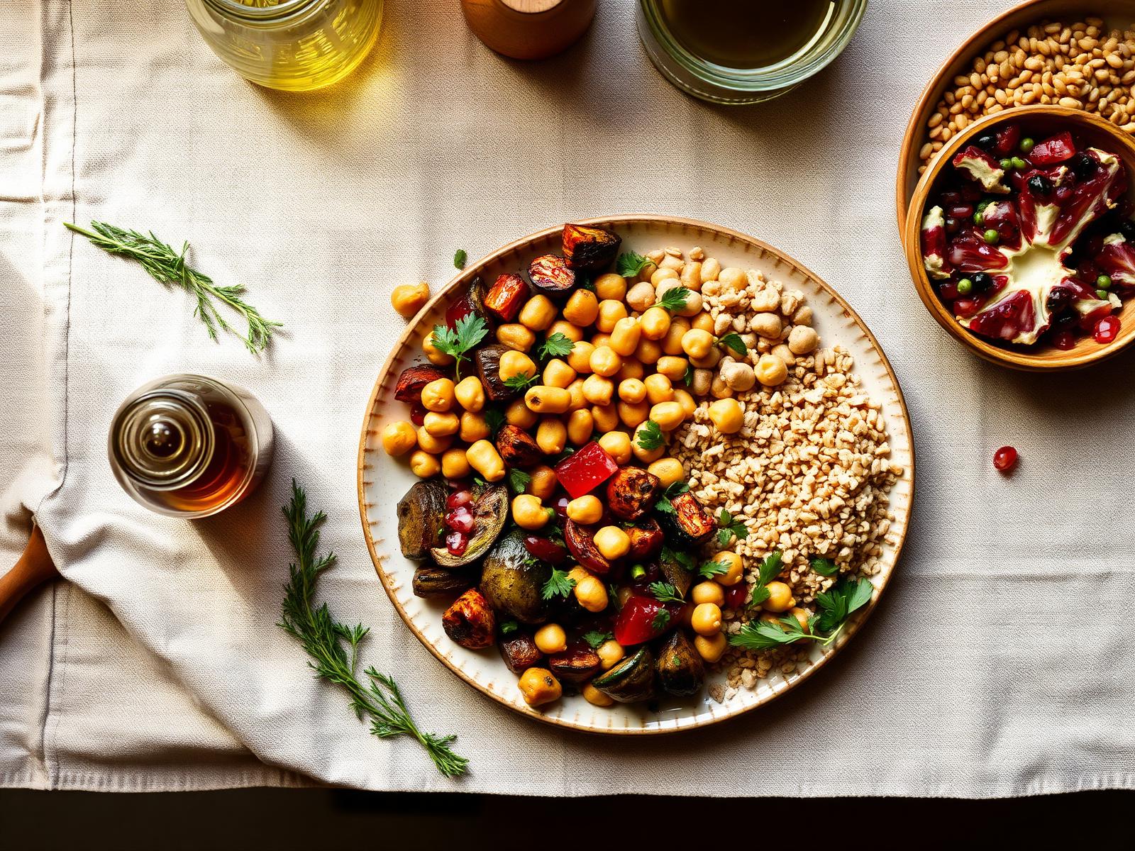 Bol mediterráneo con garbanzos y verduras asadas